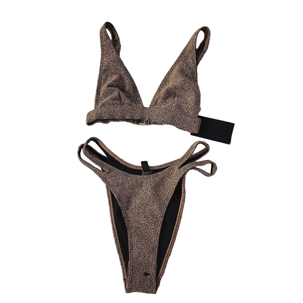 South Beach Gold Shimmer Cheeky Metallic Bikini Swim Set Top Sz 4 Bottom Sz 6